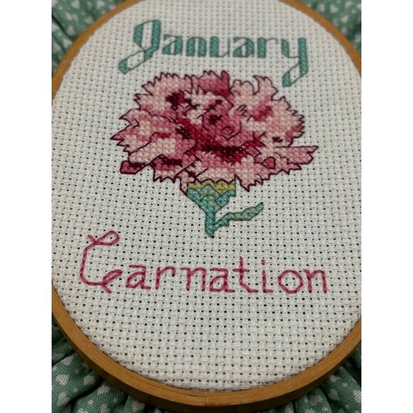Handmade January Carnation Cross Stitch Wall Art With Ruffled Fabric Frame - Picture 2 of 4
